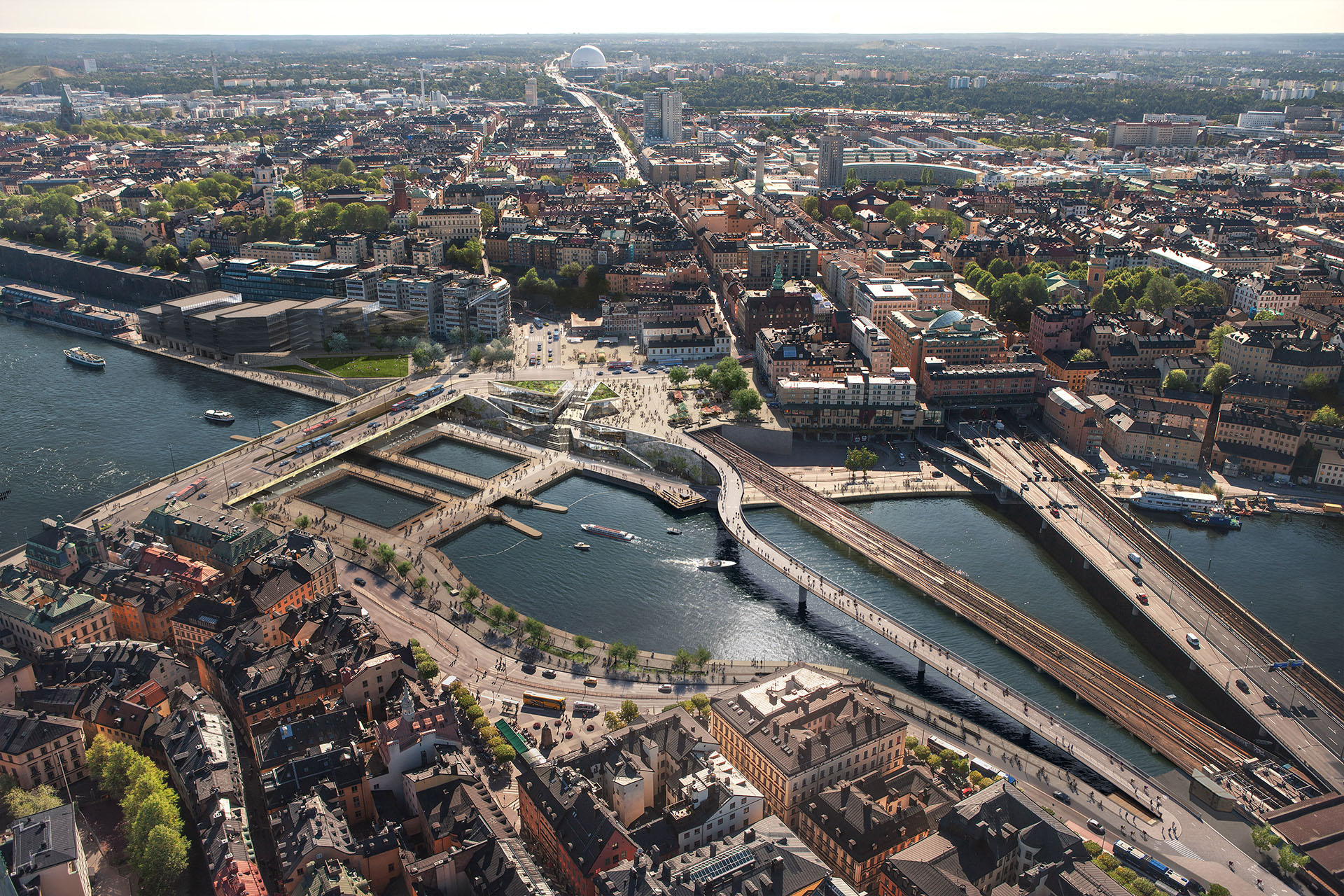 Rendering image of the future design of the Slussen area with bridges, water and surrounding areas.